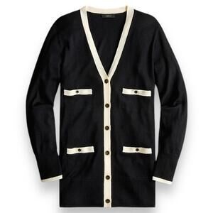 JCrew Sweater XS Black Merino Wool Cardigan Longline Preppy Ivy Twee School Girl